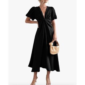 NEW 100% Cotton Puff Sleeve Twist Front V Neck Maxi Dress L